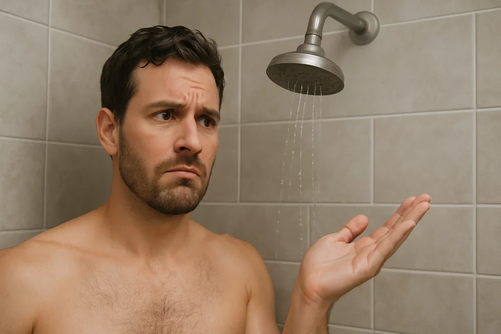 man in his mid-30s standing in a shower, holding his hand under a weak stream of water with a confused expression due to low water pressure