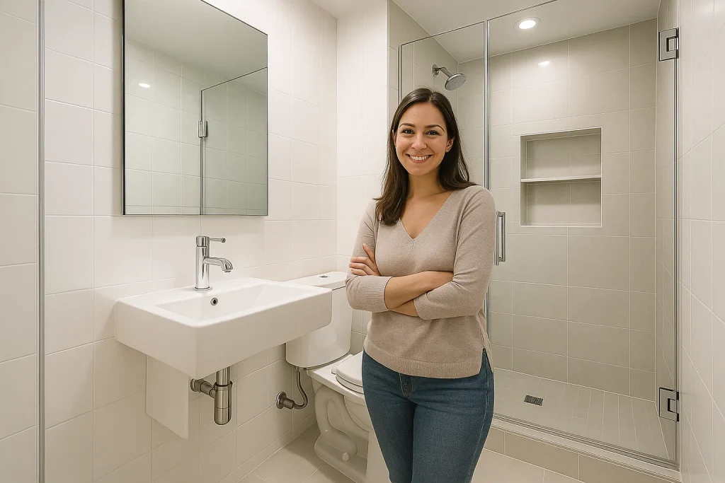 Small modern bathroom remodel with wall-mounted sink, corner toilet, and glass shower