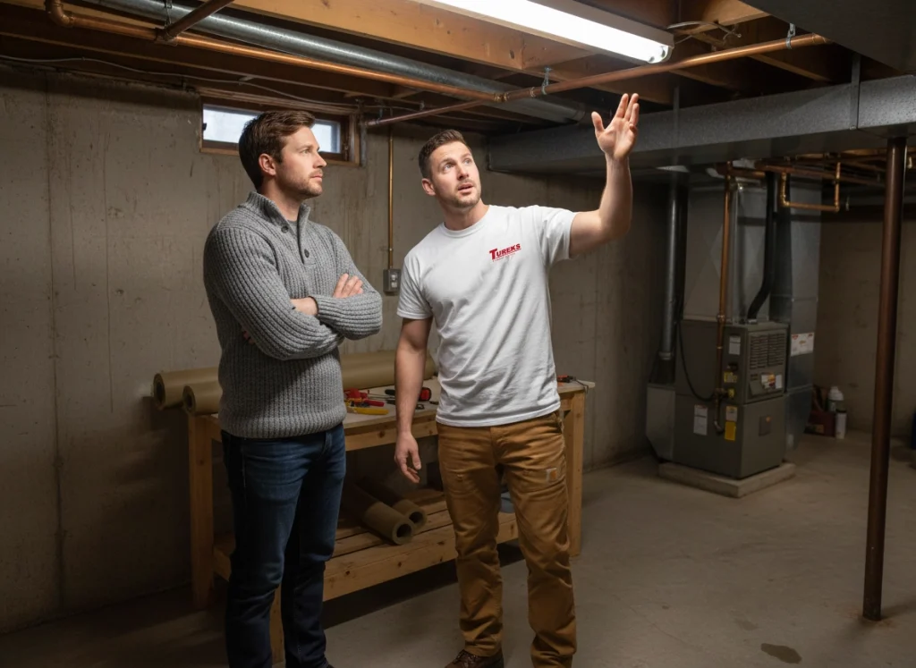 A plumber explaining to a homeowner the importance of insulating copper water pipe