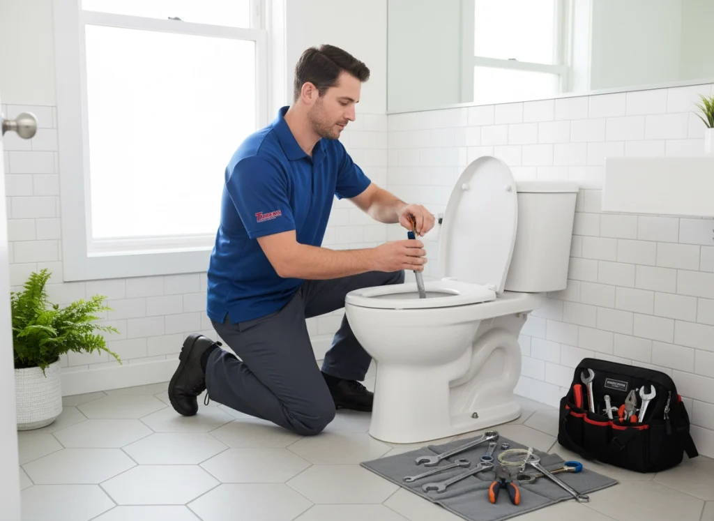 Plumber repairing a running toilet by adjusting components inside the tank.