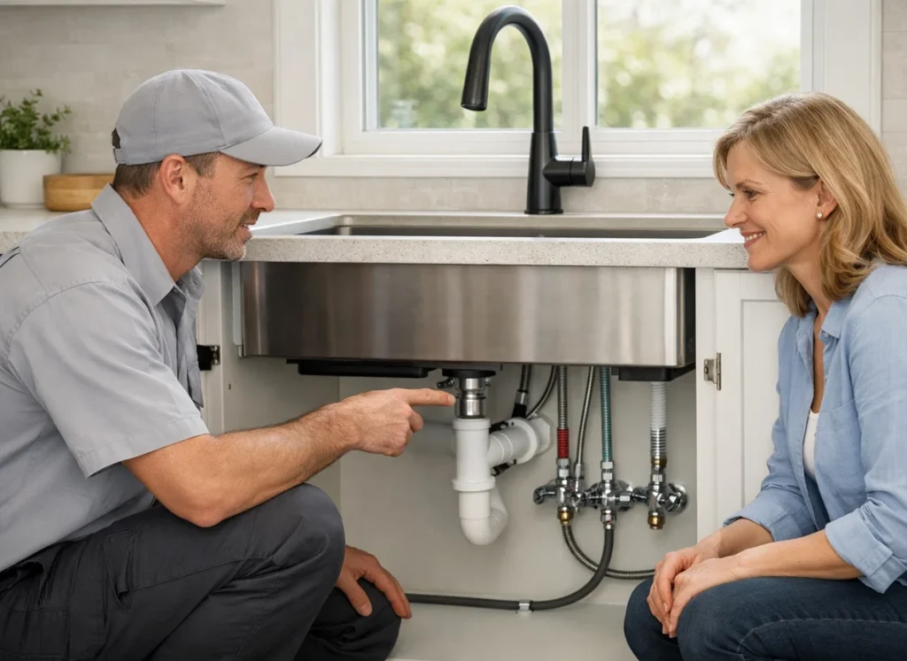 Plumber helps homeowner upgrade kitchen sink and faucet during spring remodel