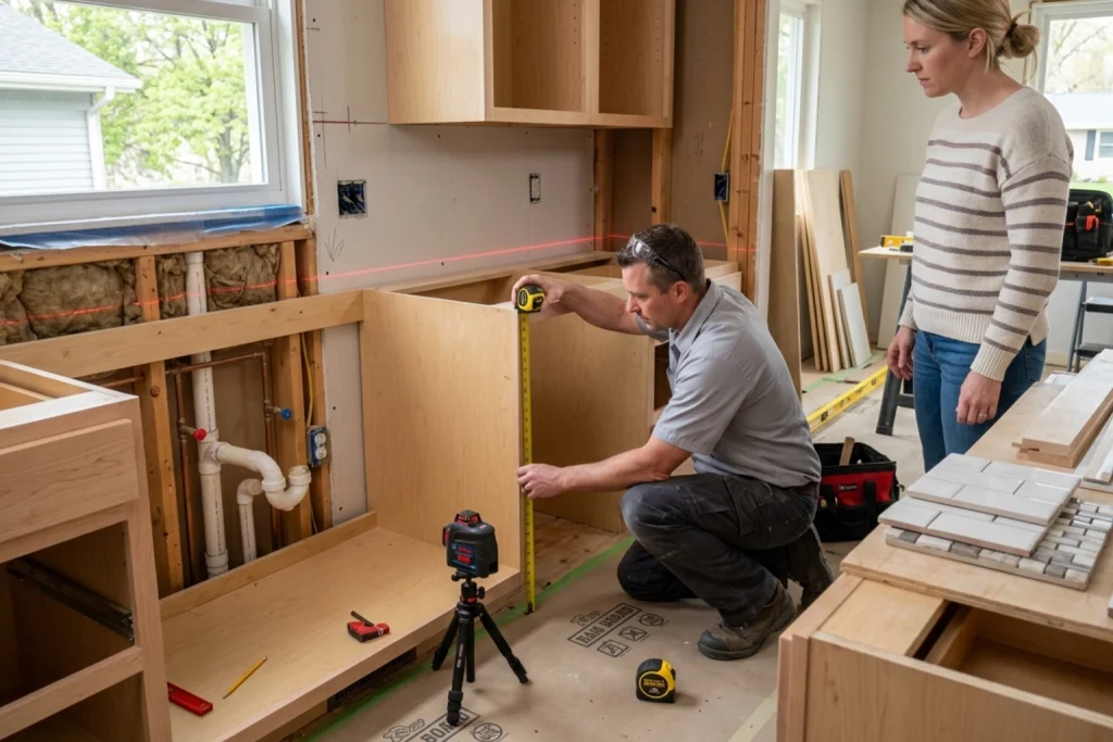 Contractor planning kitchen remodel with homeowner