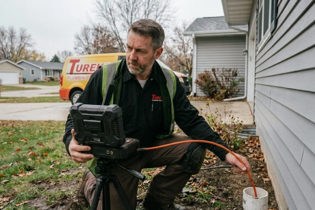 A plumber using a drain camera.
