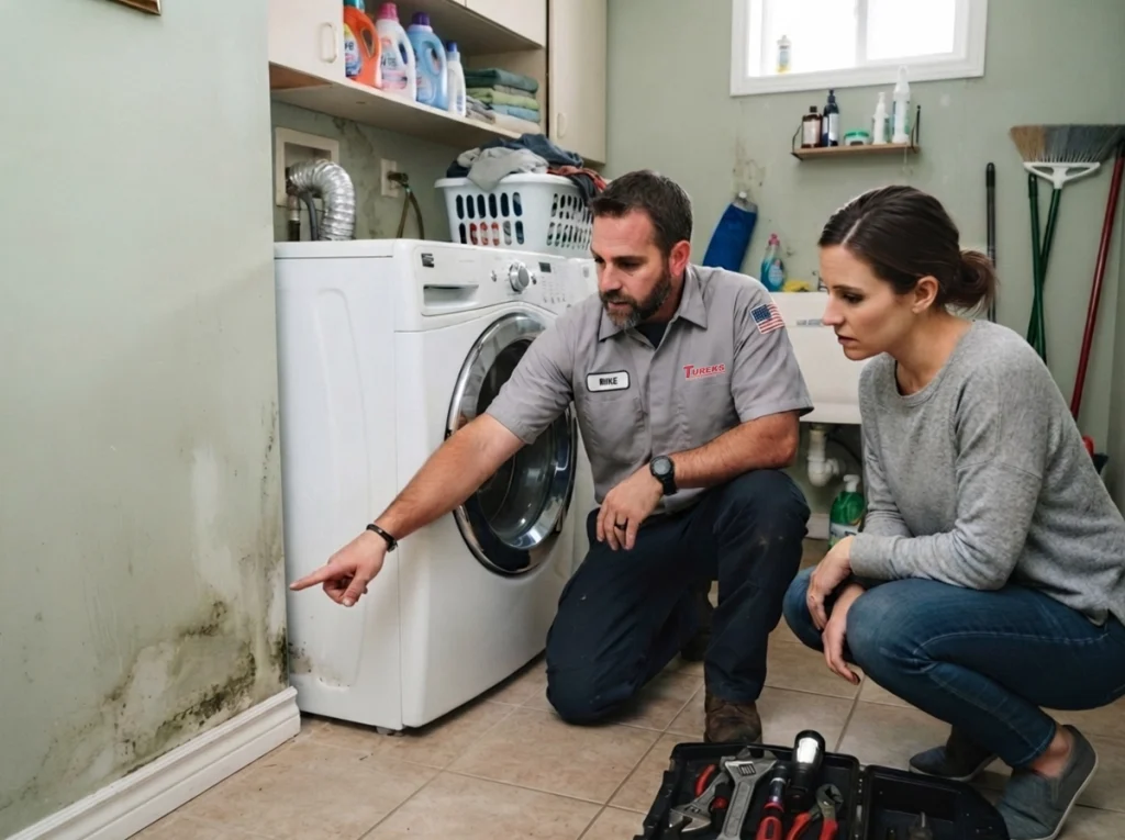 Professional plumbing inspection locating unusual household dampness and mold.